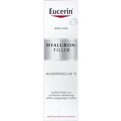 Weiße Schachtel mit der Aufschrift "Eucerin Hyaluron-Filler Augenpflege LSF 15".