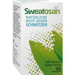 Eine Packung mit Tabletten gegen Schwitzen, aus Salbeiblätter-Extrakt.
