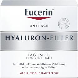 Eine weiße Verpackung eines Anti-Age Hyaluron-Fillers von Eucerin für trockene Haut.