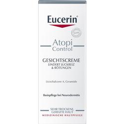 Weiße Verpackung einer Gesichtscreme für juckende, gerötete Haut, speziell bei Neurodermitis.
