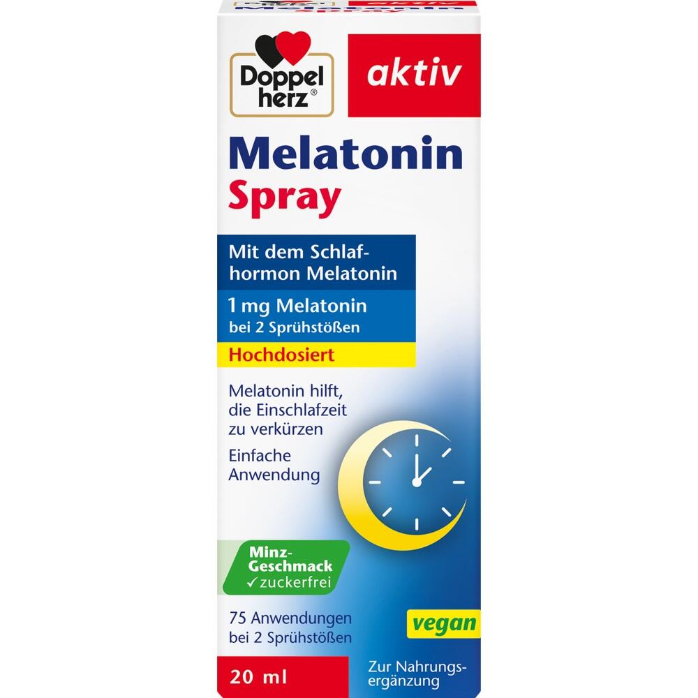 Die Verpackung zeigt ein Melatonin-Spray zur Unterstützung des Schlafs.