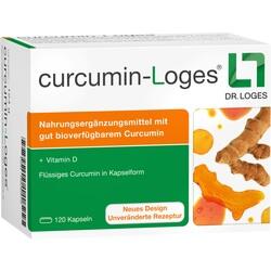 Eine Packung Curcumin-Loges Kapseln als Nahrungsergänzungsmittel mit Vitamin D.