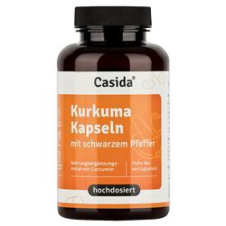 Schwarze Flasche mit Kurkuma-Kapseln und schwarzem Pfeffer auf orangefarbenem Etikett.