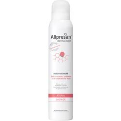 Weiße Flasche mit rosa Details, beschriftet als Dusch-Schaum für empfindliche Haut.